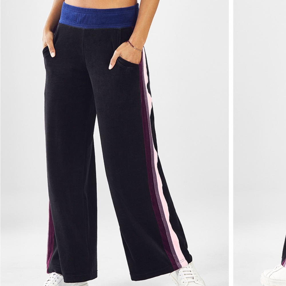 Fabletics Black and Purple Joggers with Vertical Stripe